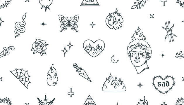 Y2k elements vs Old School tattoo background of seamles pattern: flamed heart, rose flower, antique statue head, fire, dagger, snake, etc vector elements