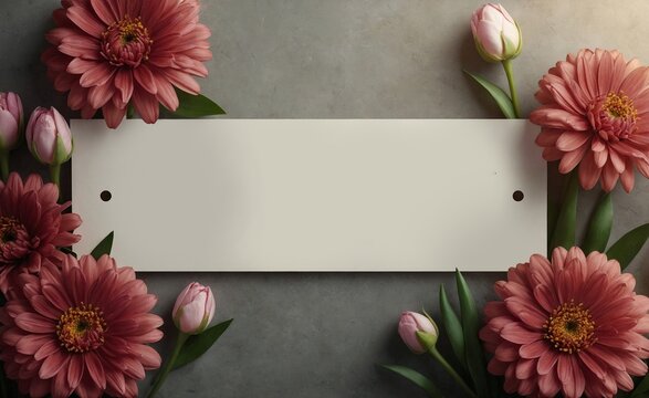 Card mockup with gerbera and tulip flowers.  Image for a wedding, women's day, mother's day, Valentine's Day or birthday themed greeting card or invitation. With space for text