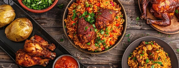 jollof rice adorned with succulent chicken pieces and golden fried plantain, a quintessential dish of West African cuisine, with ample space for text. - obrazy, fototapety, plakaty