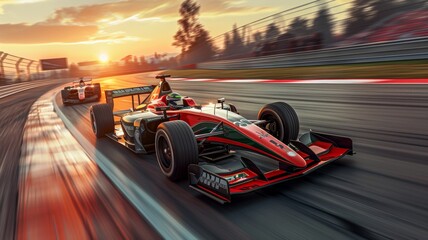 Fototapeta premium Motion blur, Race driver and race car racing on speed track, Car race on asphalt race track crossing finish line.