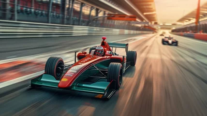 Foto op Canvas Motion blur, Race driver and race car racing on speed track, Car race on asphalt race track crossing finish line. © Werckmeister