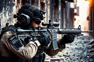 A man in a black mask and camouflage gear is holding a rifle - obrazy, fototapety, plakaty