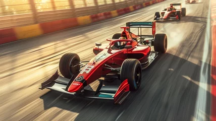 Foto auf Acrylglas Motion blur, Race driver and race car racing on speed track, Car race on asphalt race track crossing finish line. © Werckmeister