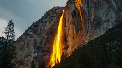 A large waterfall forcefully descends from the side of a rugged mountain, creating a powerful cascade of water