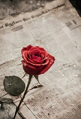 A picture, a red rose on the background of an old newspaper