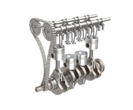 Main car engine components. Timing chain with camshaft and valves, crankshaft with connecting rod and pistons