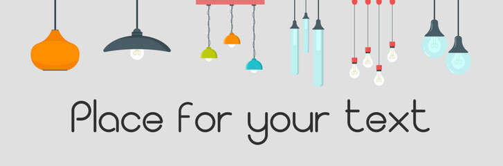 Electric table, floor lamps, lampshades, ceiling chandeliers, bedside nightlights set. Different interior light decor standing and hanging. Flat vector illustrations isolated on white background