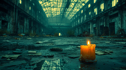 A single candle burns brightly in an abandoned, dilapidated industrial building with light reflecting in puddles
