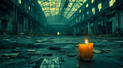 Papier Peint photo Vieux bâtiments abandonnés A single candle burns brightly in an abandoned, dilapidated industrial building with light reflecting in puddles