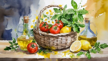 Fototapeta na wymiar Aquarelle Panier d'osier avec pot de terre, tomates, fleurs coupées, basilic, huile d'olive, citrons