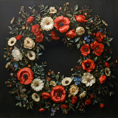 Wreath of flowers of cornflowers, daisies and poppies, a bright wreath on a black background