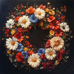 Wreath of flowers of cornflowers, daisies and poppies, a bright wreath on a black background