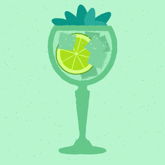 Obraz premium Blue cocktail with lemon, soda and gin tonic. Refreshing mocktail. Blue Lagoon. Alcohol drink for bar. Cold soft liquid in stemware glass. Non-alcoholic beverage. Flat vector illustration with texture