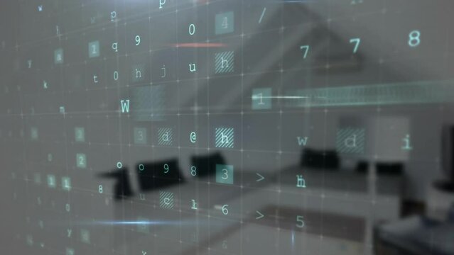 Animation of cyberattack warning with data processing over empty office