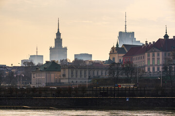 Warsaw, Poland - panorama of a city skyline and Old Town. Cityscape view of Warsaw. Skyscrapers in Warsaw. Sunny day over the river	