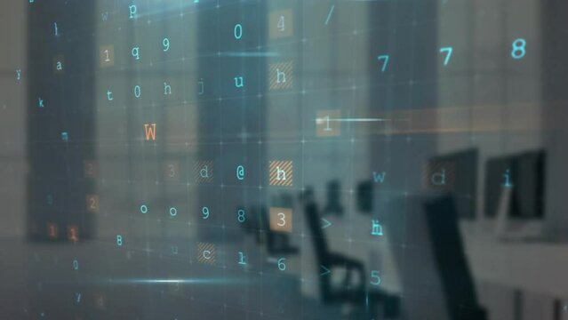 Animation of cyberattack warning with data processing over empty office