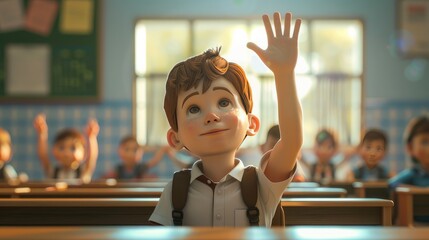 3d character of a boy standing and raising his hand to answer a question from his teacher.