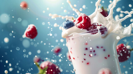 Obraz na płótnie Canvas yogurt bottle with berries and milk splash on blue background for design