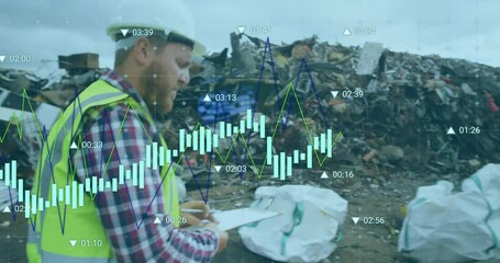 Animation of financial data processing over caucasian male worker on landfill - Powered by Adobe