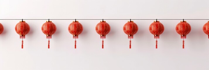 A row of red lanterns hanging against a plain white wall
