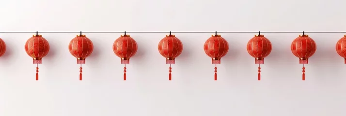 Foto op Plexiglas A row of red lanterns hanging against a plain white wall © pham