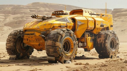 armored vehicle with big wheels and weapons on the roof, yellow color, desert background, unreal engine, concept design sheet.