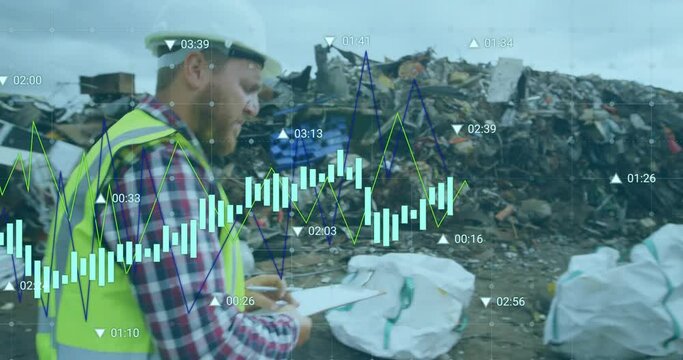Animation of financial data processing over caucasian male worker on landfill - Powered by Adobe