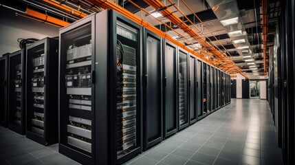 Depict a state of the art data center with rows of server racks, cooling systems, and redundant power supplies