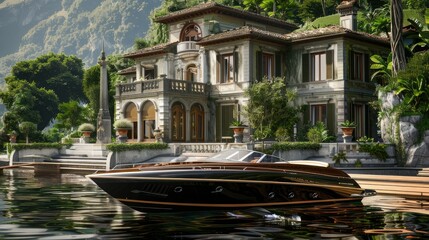 Obraz premium A black boat with leather seats and wood accents parked on the lake in front of a luxurious mansion surrounded by lush greenery. The scene captures the essence of luxurious lakeside living.