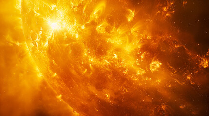 A close-up of the sun's surface showing intense solar flares and eruptions against the dark cosmos