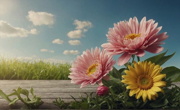 Flowers on a wooden table with the sun shining through the clouds. Image for a wedding, women's day, mother's day, Valentine's Day or birthday themed greeting card or invitation. With space for text