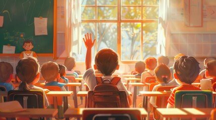 A portrait of a boy in kindergarten raising his hand to ask a question to his friend in front. - obrazy, fototapety, plakaty
