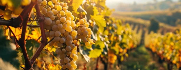Poster Autumn harvest of white wine grapes in Tuscany vineyards near an Italian winery © neirfy
