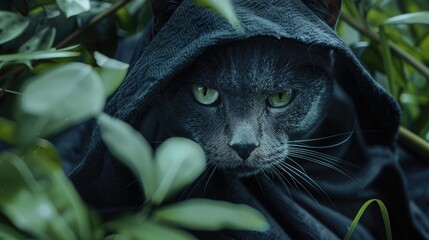 A black cat with yellow eyes, wearing a green cloak and mask in the jungle, hidden behind the leaves in a close-up photo.