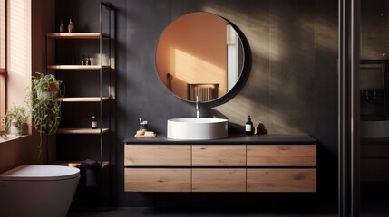 Modern Bathroom With Round Mirror and Sink