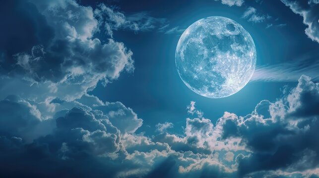 the full moon shining through the clouds in the night sky, casting an enchanting glow over the landscape.