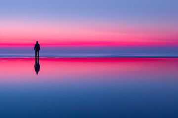 Solitary figure standing on a reflective surface with a serene pink and blue gradient horizon