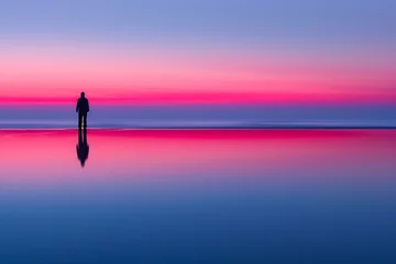 Gordijnen Solitary figure standing on a reflective surface with a serene pink and blue gradient horizon © weerasak