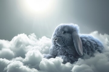 A tranquil, blue-grey Easter bunny with a soft, misty coat, resting peacefully among foggy clouds on a bright, slate grey background.