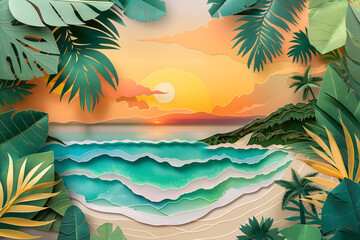 Fototapeta na wymiar Incredible bright tropical beach landscape with beautiful palm trees, sunset sun, coastal waves, paper cutting style, tourism concept, travel, beach holidays, spa industry, relaxation