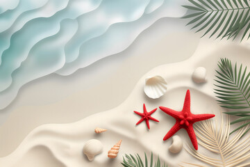 Fototapeta na wymiar banner,illustration,shells, red starfish and palm leaves on white sand with a blurred ocean on the background,top view,copy space,tourism concept,travel,beach holidays,spa industry,relaxation