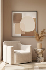 A minimalist modern interior with beige walls, an armchair and abstract art mockup on the wall, beige color palette, golden hour lighting, neutral tones, boho vibes