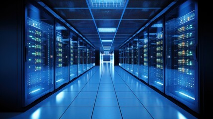 Fototapeta premium Depict a state of the art data center with rows of server racks, cooling systems, and redundant power supplies