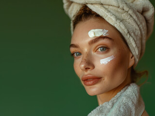 A well-groomed young woman wrapped in a towel after bathing takes care of facial skin hydration, creams and lotions for rejuvenating and smooth skin.