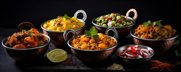 Fresh indian food in dark bowls on black background. - obrazy, fototapety, plakaty