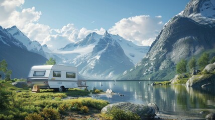 a motorhome trip through the breathtaking natural landscapes of Norway, capturing the beauty of caravan travel amidst stunning scenery. - Powered by Adobe
