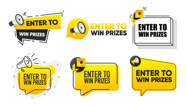 Enter to Win Prizes. Megaphone label collection with text. Marketing and promotion. Vector Illustration.