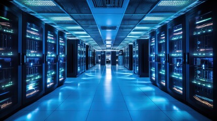 Depict a state of the art data center with rows of server racks, cooling systems, and redundant power supplies - obrazy, fototapety, plakaty