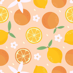 Exotic lemon and orange seamless pattern. Colorful hand-drawn tropical illustration. Sliced fruits with leaves and flowers. Vector illustration.