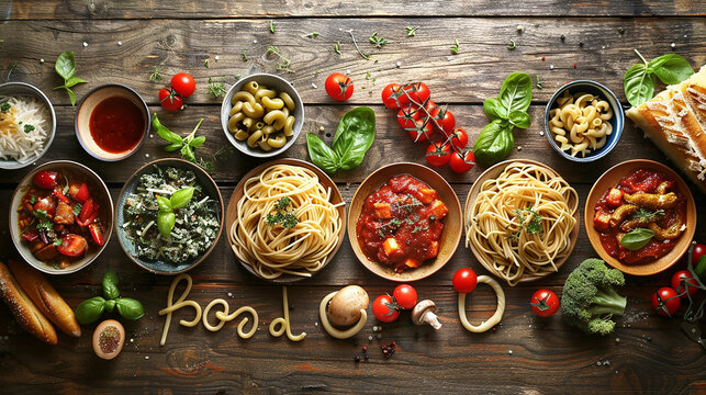 A bustling Italian kitchen with chefs expertly preparing dishes, the word food spelled out in spaghetti noodles on a countertop, real photo